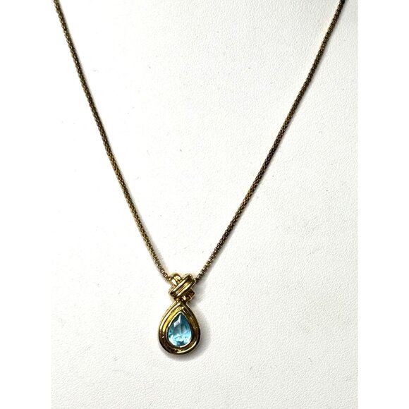 Avon Gold-Tone Necklace With Teardrop Blue Crystal Pendant - Picture 1 of 8